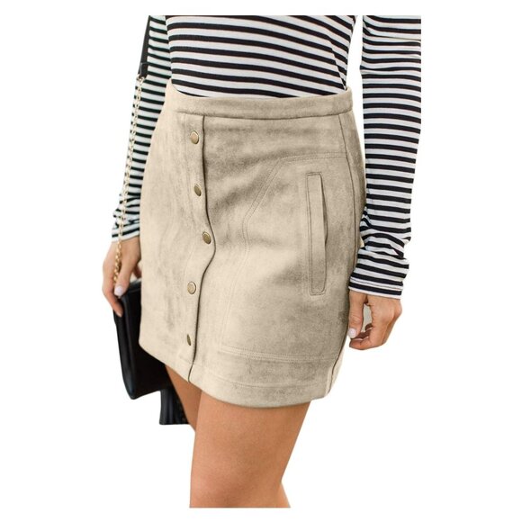 🌸3/$15🌸Tan Faux Suede High Waist Mini Skirt with Pockets A-Line Medium - Picture 2 of 6